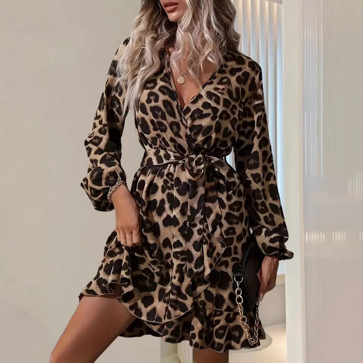 Women’s Midi Dress – V-Neck – Tie Waist – Long Sleeve – Ruffle Hem – Animal Print