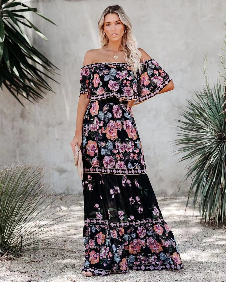 Women’s Maxi Dress – Off-Shoulder Ruffle Neckline – Tiered Skirt – Belted Fit – Breathable Blend