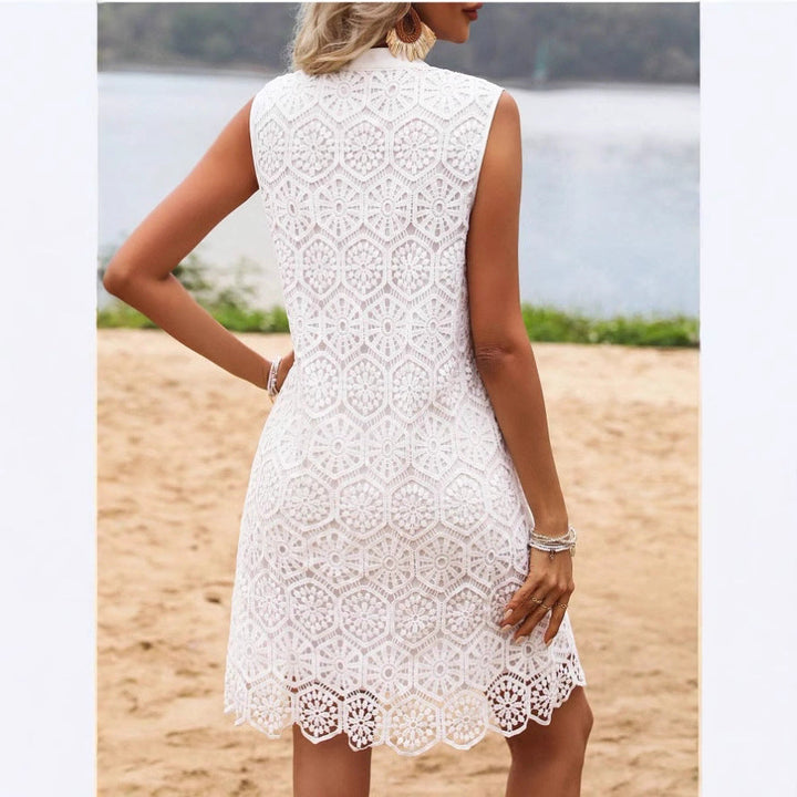 Women’s Mini Dress – Geometric Lace – Straight Fit – Sleeveless V-Neck – Lightweight Fabric