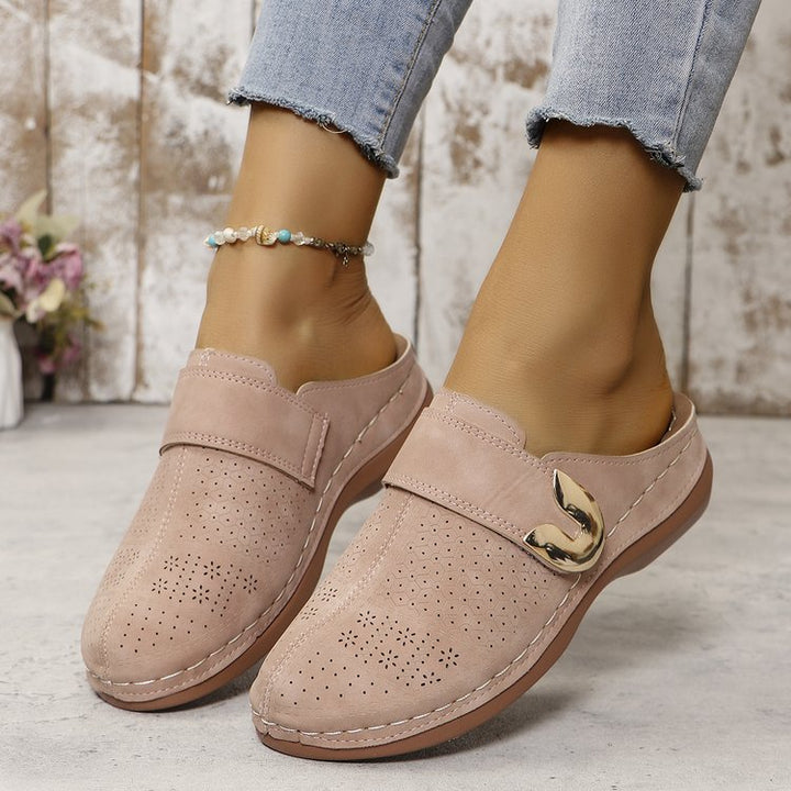 Women’s Mule Sandals – Slip-On Comfort – Perforated Upper – Decorative Buckle