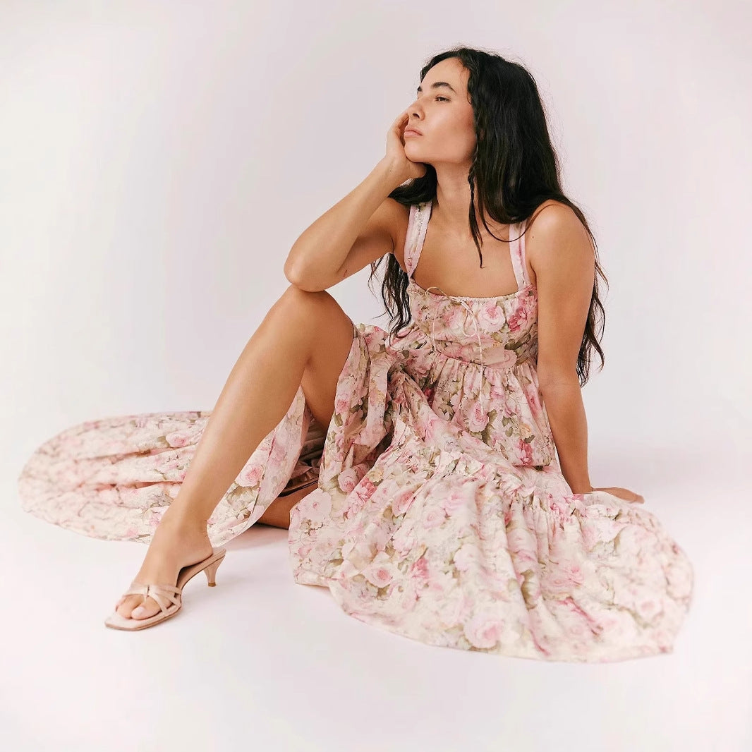 Women’s Maxi Dress – A-Line Fit – Sleeveless Spaghetti Strap – Floral Print – Ruffled Detail