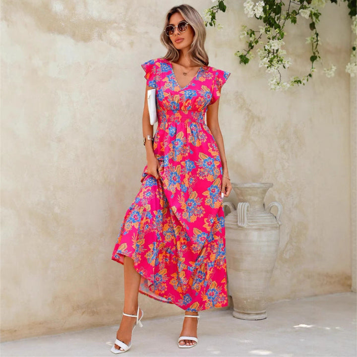 Women’s Maxi Dress – Sleeveless Ruffle Cap Sleeve – V-Neck – Elastic Waist – Floral Print