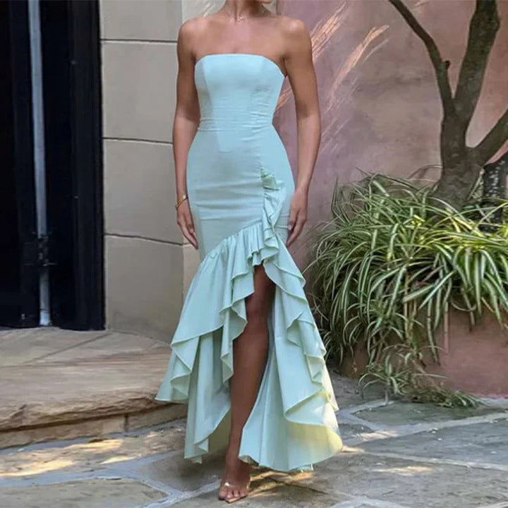 Women’s Strapless Evening Gown – Fitted Bodice – High-Low Ruffle Hem – Mermaid Silhouette