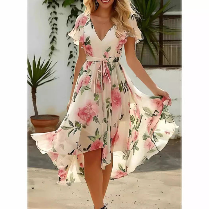 Women’s Dress – V-Neck Wrap Style – Flutter Sleeve – High-Low Hem – Lightweight Fabric