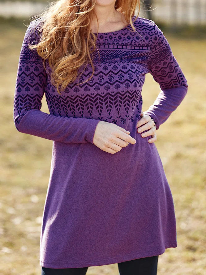 Women’s Long Sleeve Dress – Relaxed Fit – Ethnic Print – Round Neck