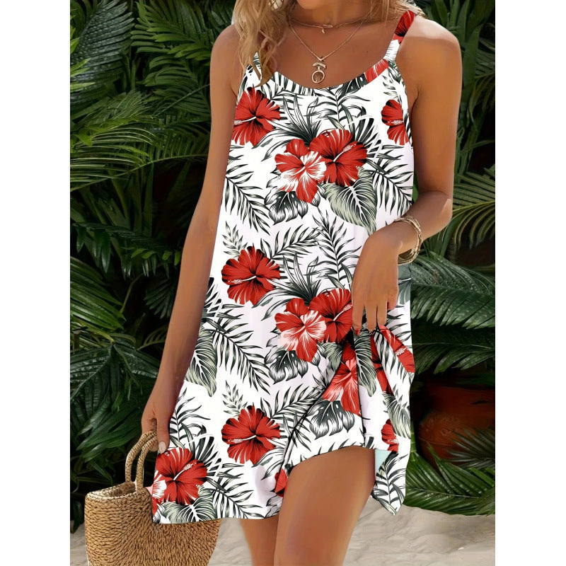 Women’s Mini Dress – Relaxed Fit – Lightweight Cotton – Thin Straps – Tropical Print