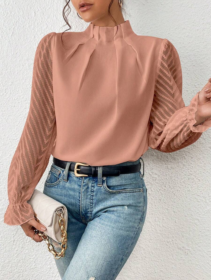 Women’s Blouse – Relaxed Fit – High Neck – Sheer Sleeves – Elegant Silhouette