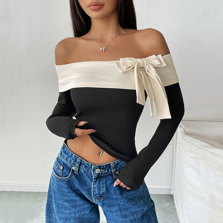 Women’s Crop Top – Slim Fit – Off-Shoulder – Long Sleeve Stretch – Bow Detail