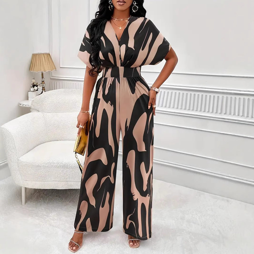 Women’s Jumpsuit - V-Neck - Short Sleeve - Wide Leg - Defined Waist - Abstract Pattern