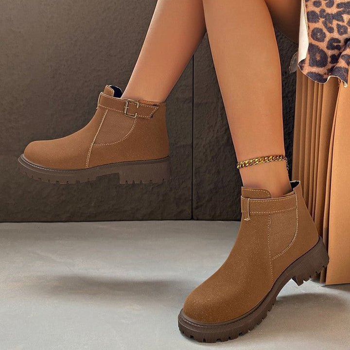 Women’s Ankle Boots - Faux Leather - Round Toe - Thick Sole - Retro Buckle Detail