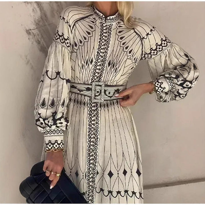 Women’s Midi Dress – Elegant Fit – Long Sleeve – Belted Waist – Patterned Design