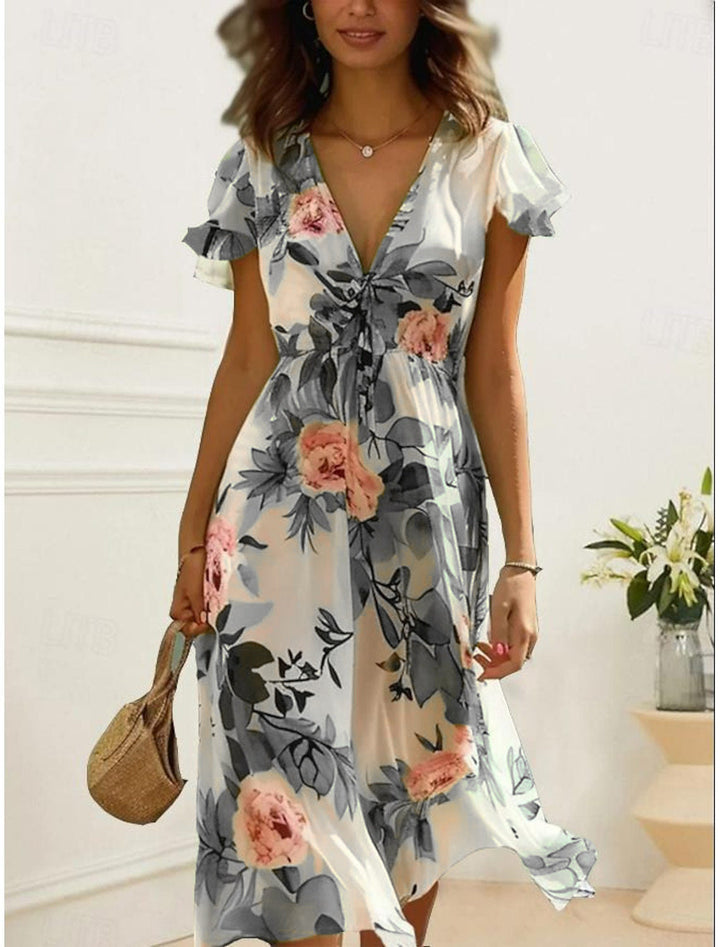 Women’s Maxi Dress – Lightweight Fabric – V-Neck – Flutter Sleeves – Relaxed Fit