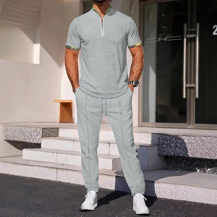 Men’s Sport Set -  Short Sleeve Shirt - Slim Fit - Zip Neck - Chest Pocket