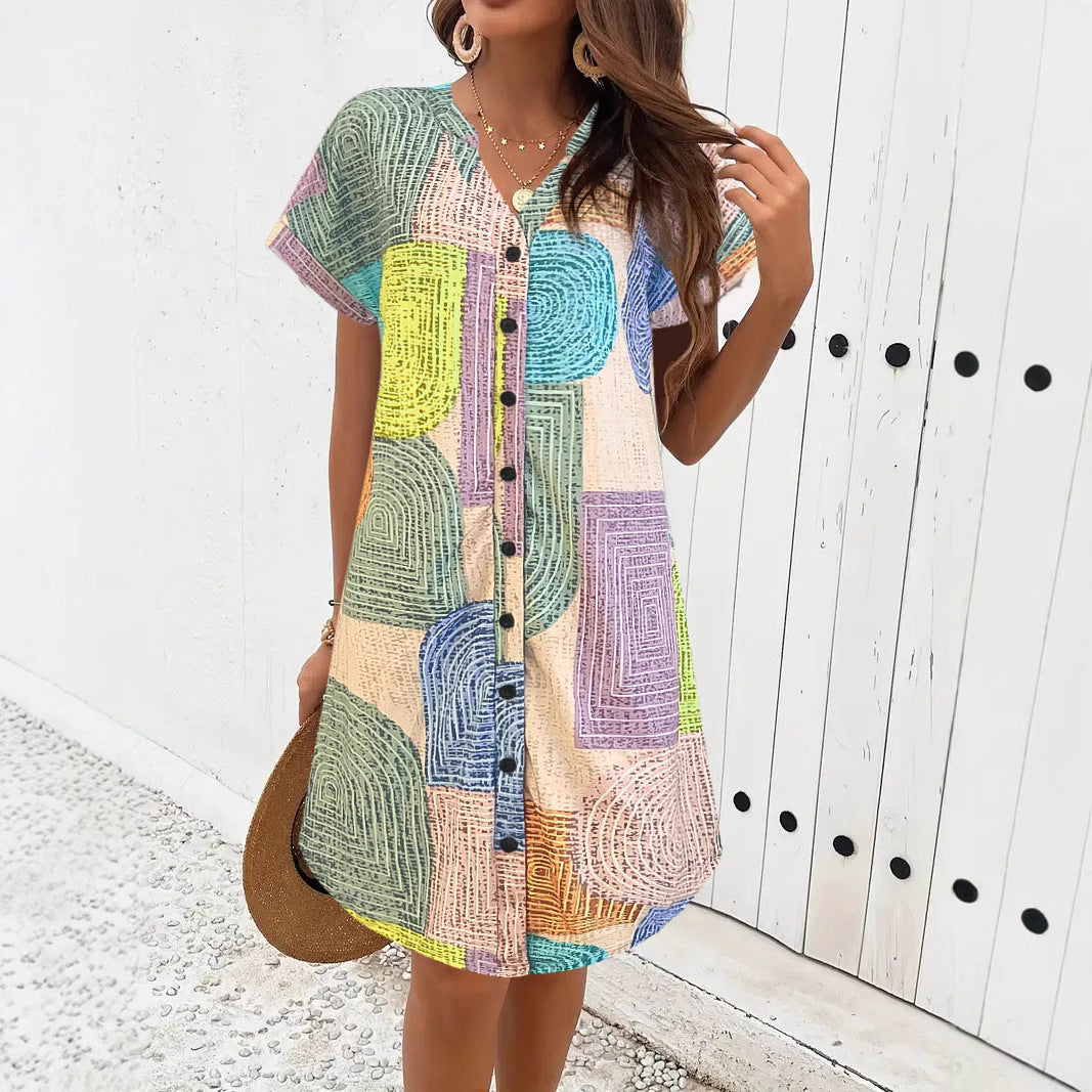 Women’s Dress – V-Neck Button Front – Loose Fit – Short Sleeve – Cotton Blend – Geometric Print