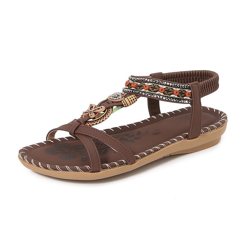 Women's Flat Sandals – Braided Strap – Rhinestone Embellished – Open Toe Casual Style