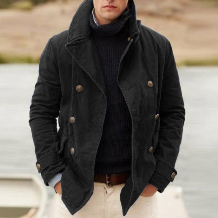 Men’s Casual Jacket - Heavy Cotton - Double-Breasted - High Collar - Button Cuffs
