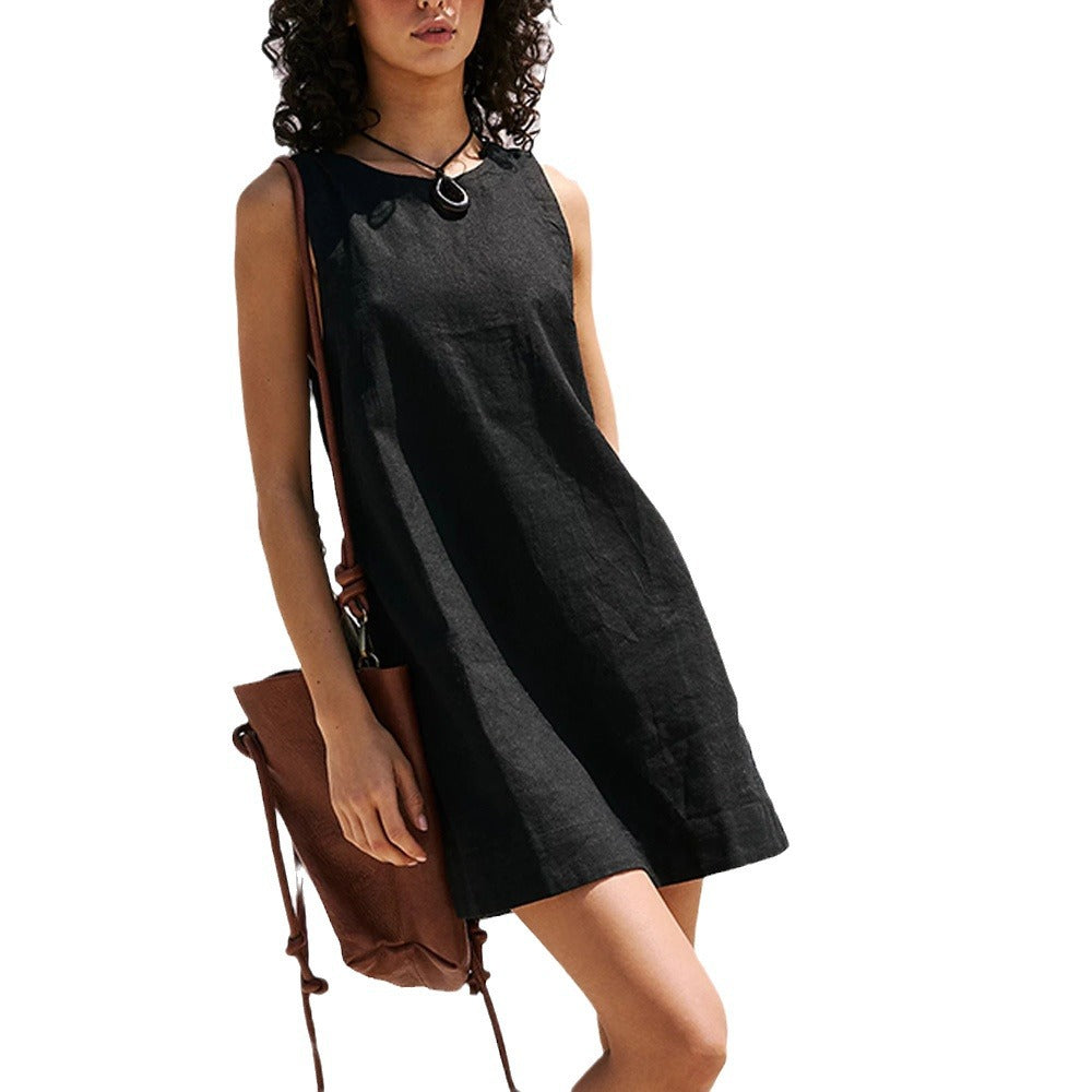 Women’s Mini Dress – Loose Fit – Sleeveless – Deep Open Back – Natural Fibers