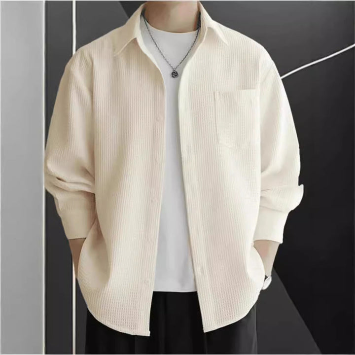 Men’s Button-Up Shirt - Waffle Knit - Oversized Fit - Long Sleeve Casual Layer