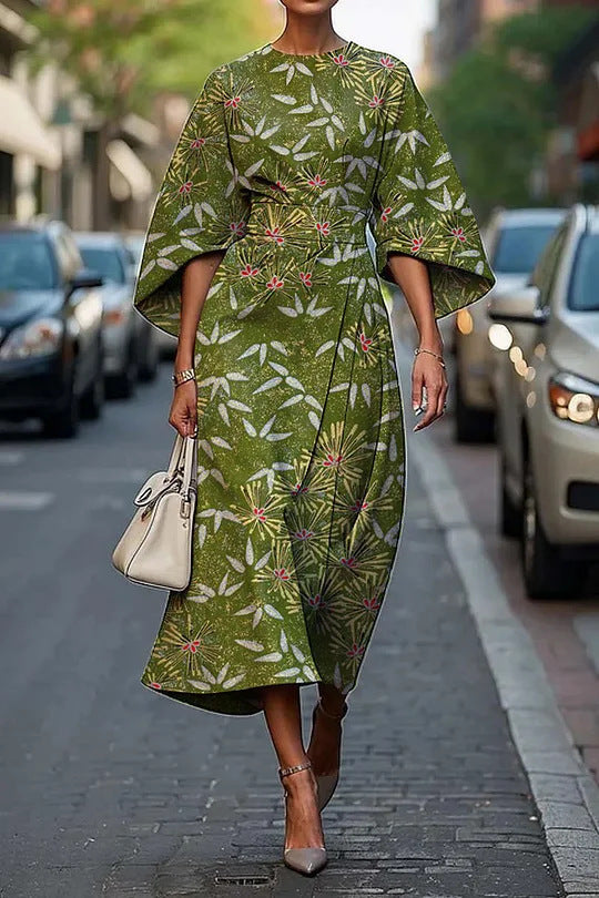 Women’s Midi Dress – Luxury Fabric – A-Line Fit – Kimono Sleeves – Floral Print