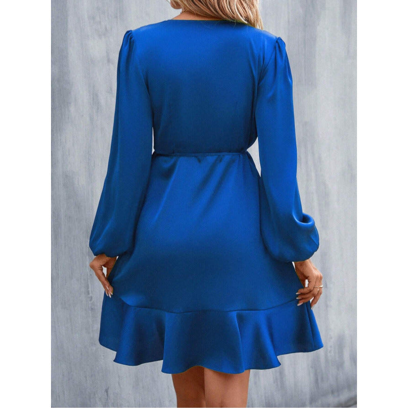 Women’s Wrap Dress – Satin – Long Sleeve – Tie Waist – Asymmetrical Hemline