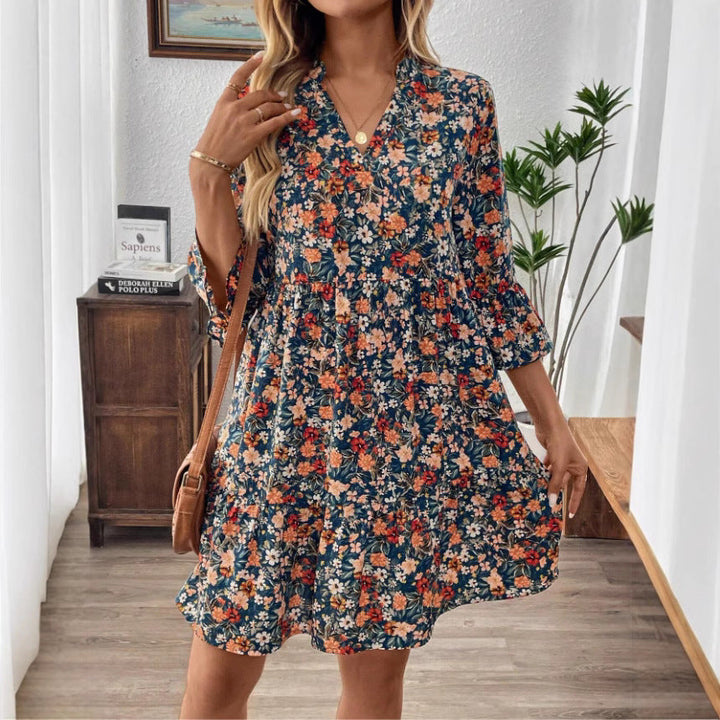 Women’s A-Line Dress – Lightweight Cotton – V-Neck – 3/4 Flare Sleeve – Floral Print