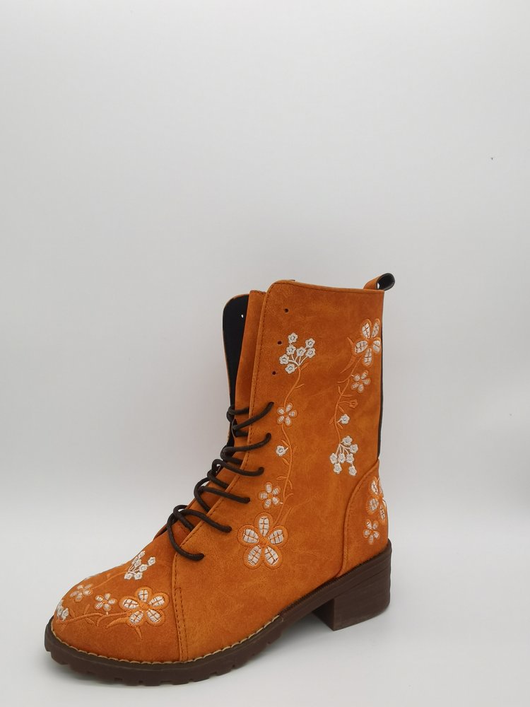 Women’s Mid-Calf Boots – Embroidered Floral – Round Toe – Block Heel – Lace-Up Zip