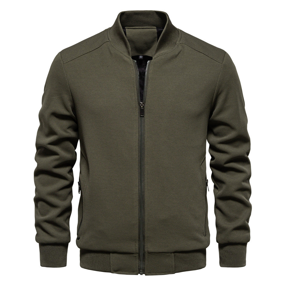 Men's Bomber Jacket – Slim Fit – Textured Fabric – Zipper Front – Ribbed Trim