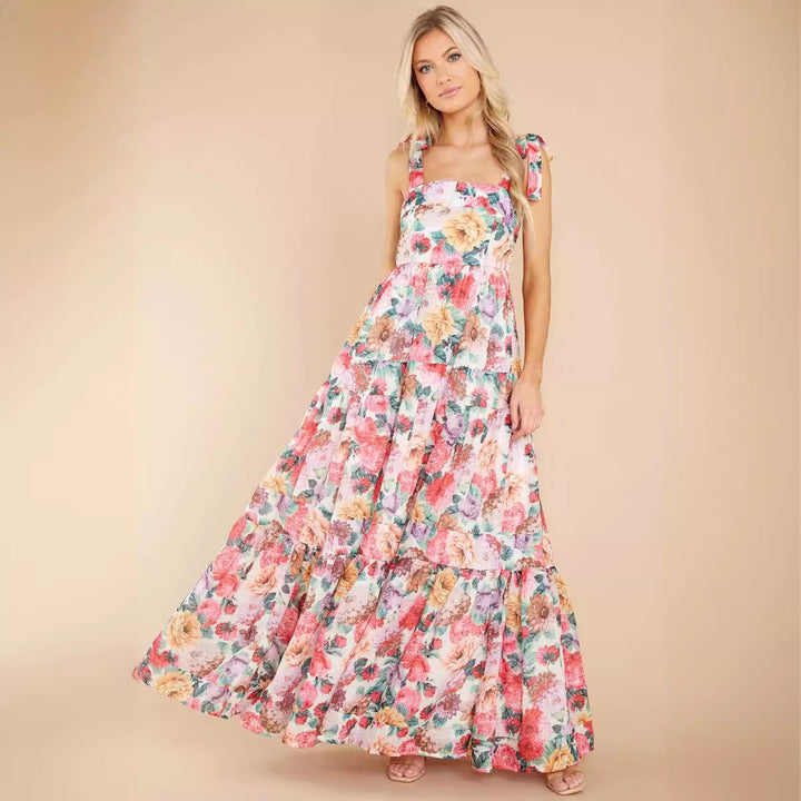 Women’s Maxi Dress – Sleeveless Tiered – Square Neck – Lightweight Floral Cotton Blend