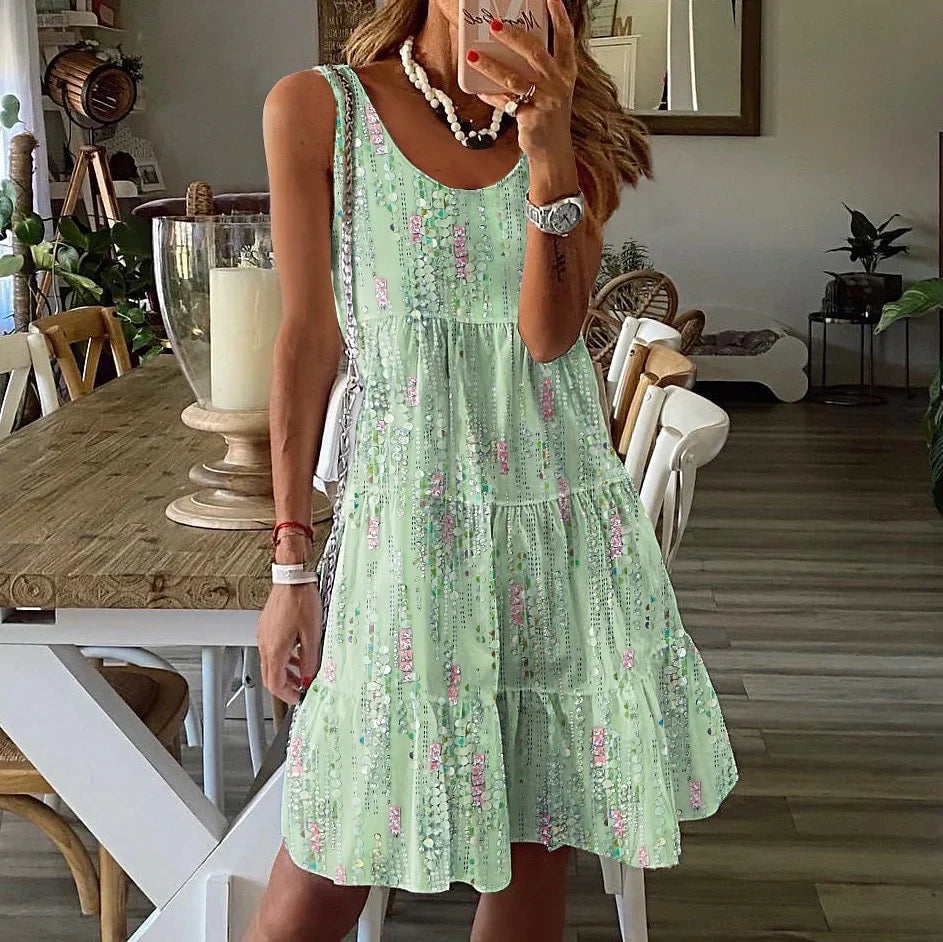Women’s Sleeveless Dress – Cotton – A-Line Fit – Tiered Ruffle – Above Knee Length
