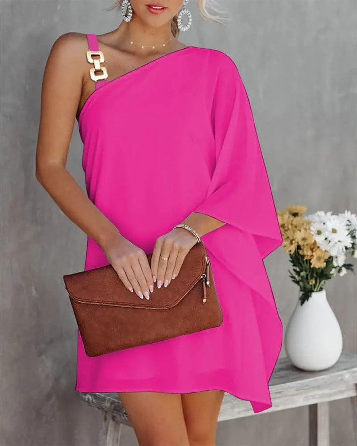Women’s Off-Shoulder Dress – Relaxed Fit – Bat Sleeve – Metal Strap Accent – Knee Length