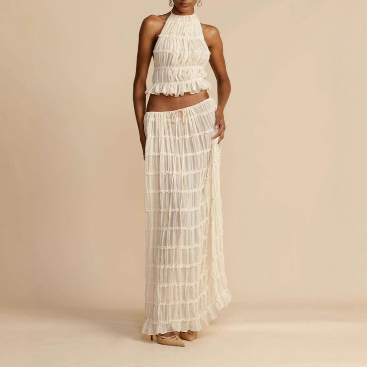 Women’s Two-Piece Set – Ruched Halter Top – Elastic Waist Maxi Skirt – Soft Stretch Fabric