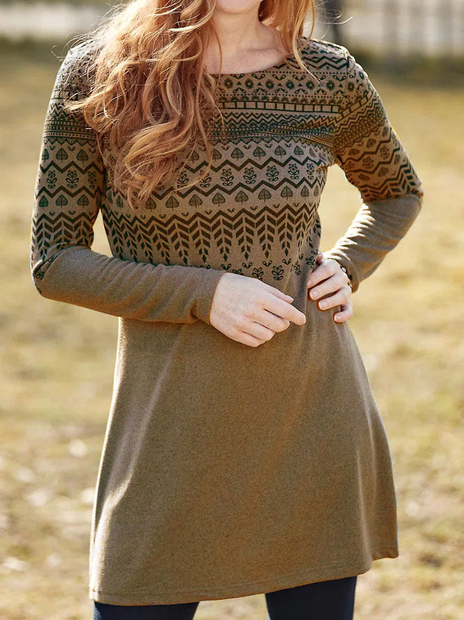 Women’s Long Sleeve Dress – Relaxed Fit – Ethnic Print – Round Neck