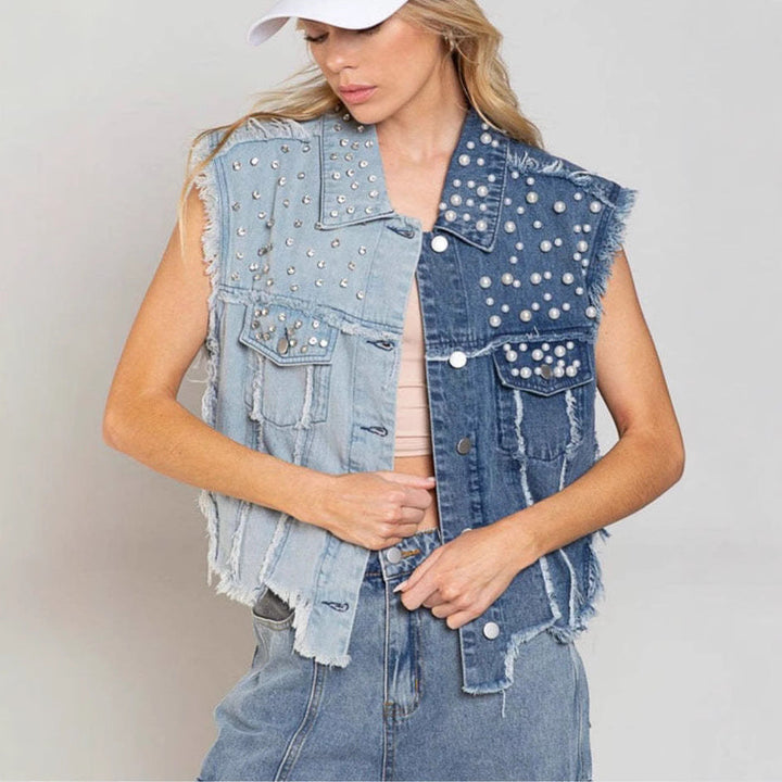 Women’s Denim Vest – Studded Patchwork – Distressed Sleeveless – Button-Front Closure