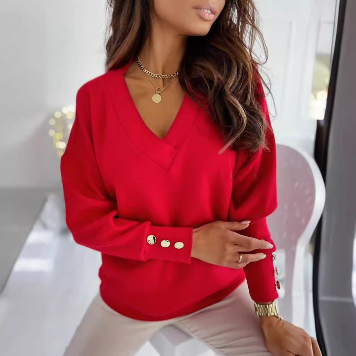 Women’s Long Sleeve T-Shirt - Soft Knit - Relaxed Fit - V-Neck with Button Detail