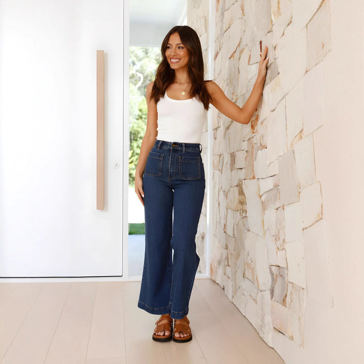 Women’s Wide-Leg Jeans - High Waist - Front Patch Pockets - Relaxed Fit Denim