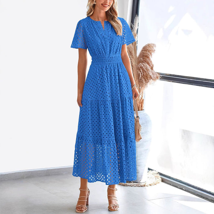 Women’s Fit and Flare Dress - Broderie Anglaise - V-Neck - Short Sleeve - Tiered Hem