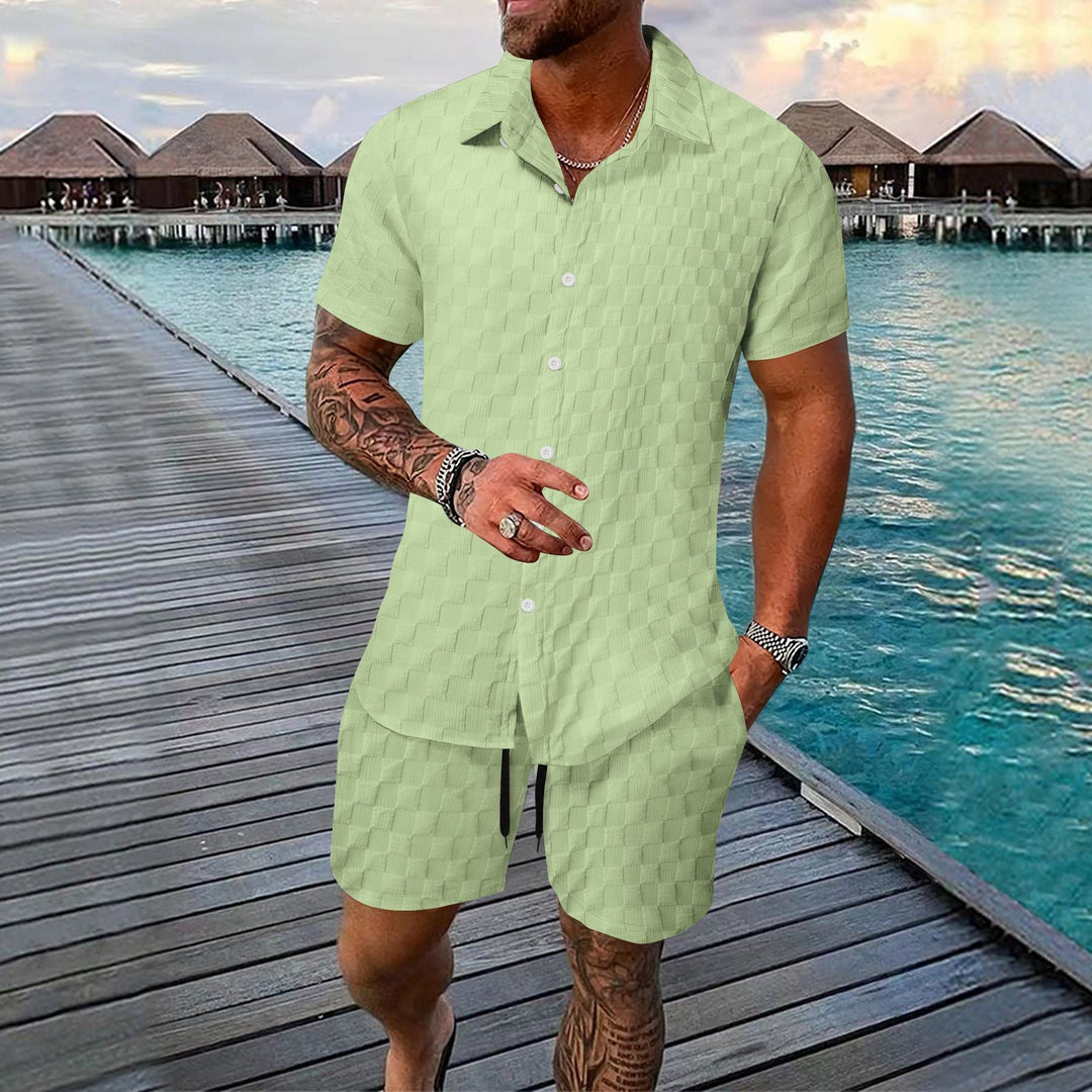 Men's Two-Piece Set - Jacquard Shirt and Shorts - Relaxed Fit - Short Sleeve Lapel Top