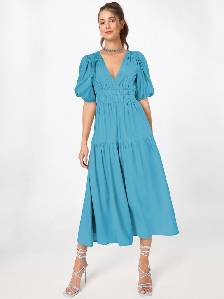 Women’s Midi Dress – A-Line Silhouette – Deep V-Neck – Puff Sleeves – Tiered Skirt