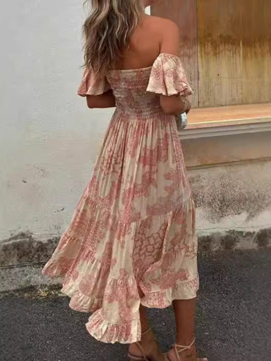 Women’s Off-Shoulder Maxi Dress – Smocked Bodice – Ruffle Sleeves – Tiered A-Line Skirt