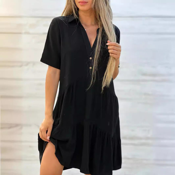 Women’s Casual Dress – Relaxed Fit – Short Sleeve – Collared – Tiered Natural Fibers