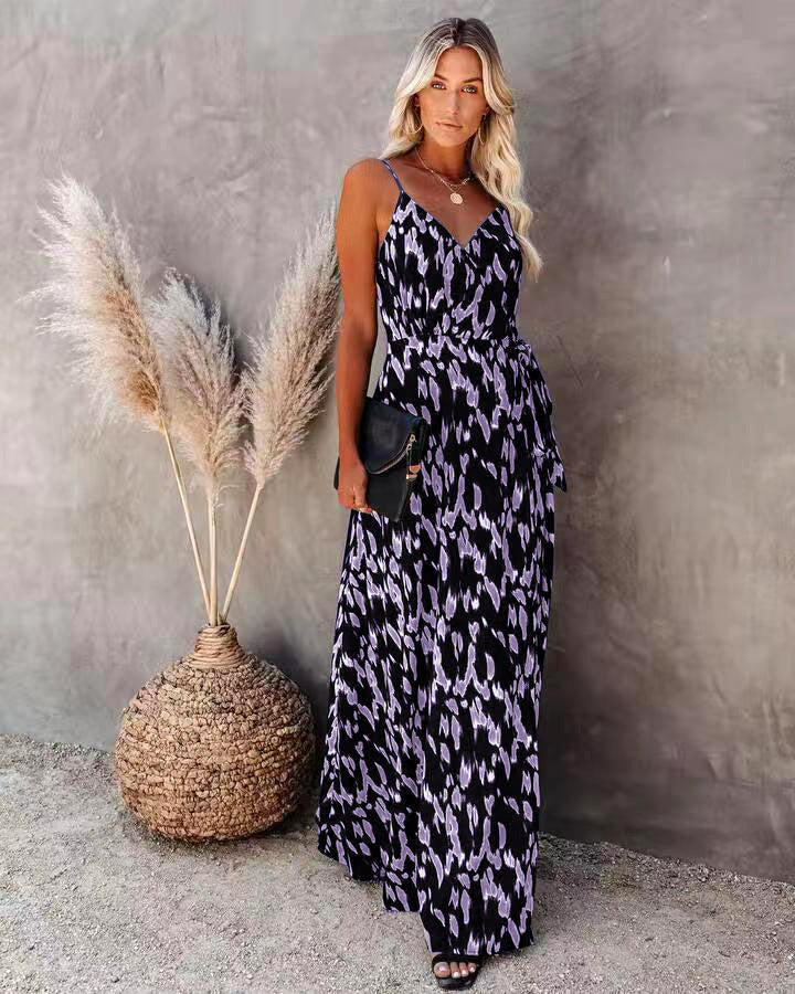 Women’s Long Dress – Slim Fit – V-Neck – Spaghetti Straps – Printed A-Line Silhouette