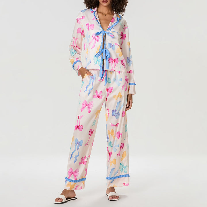 Women’s Pajama Set – Soft Cotton Feel – Button-Up Top – Elastic Waist Shorts – Bow Print
