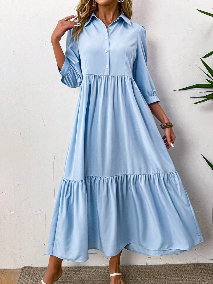 Women's Dress - Button-Down Collared - 3/4 Sleeves - Maxi Length