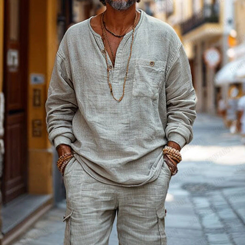 Men’s Casual Set – Relaxed Fit – V-Neck Long Sleeve Top – Cargo Shorts – Linen Blend