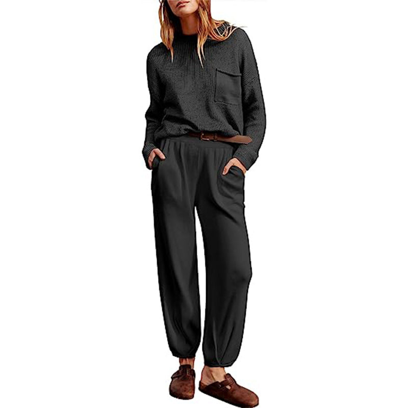 Women’s Two-Piece Loungewear Set – Knitted Long Sleeve Top – Elastic Waist Jogger Pants