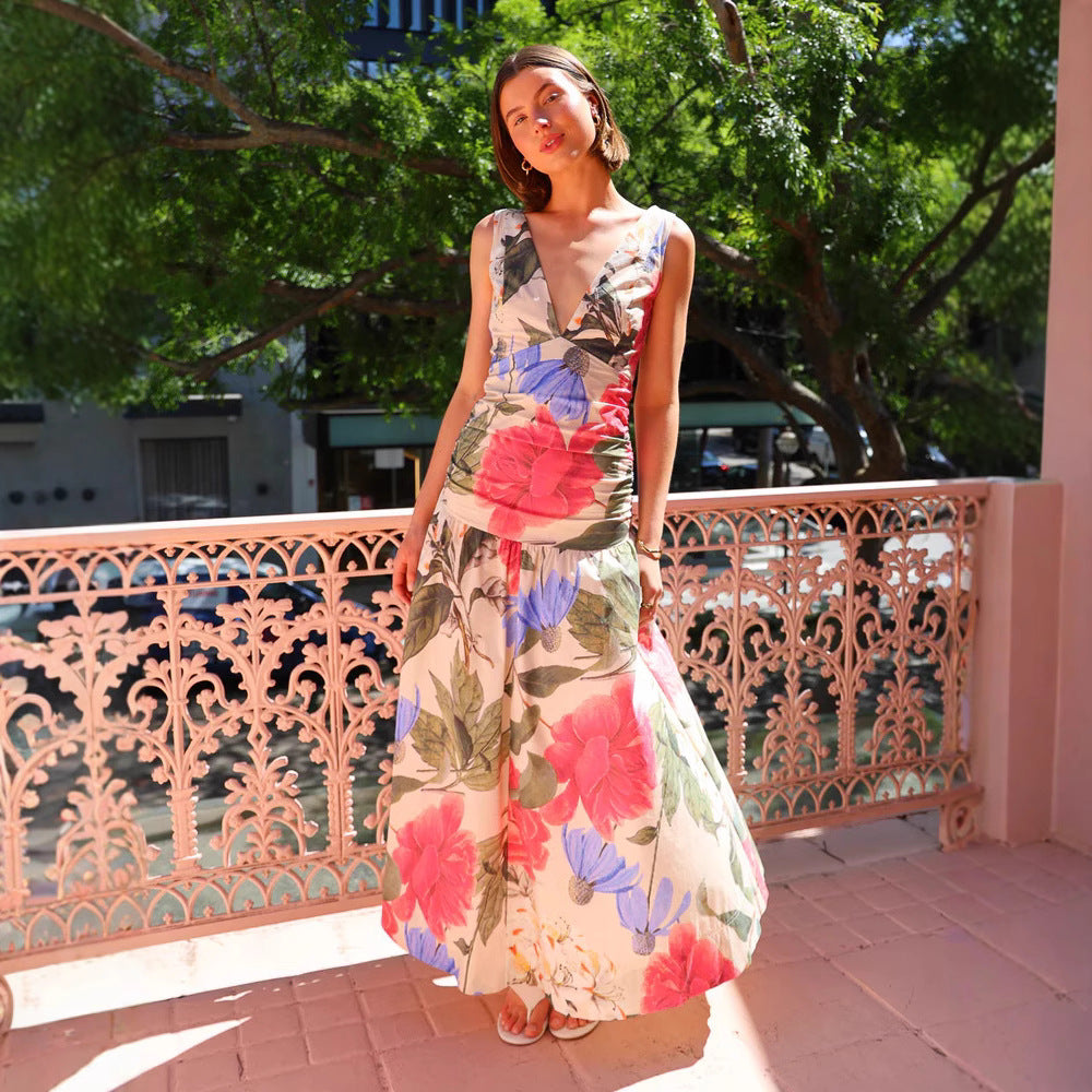 Women’s Maxi Dress - Deep V-Neck - Sleeveless - Fitted Waist - Floral Print