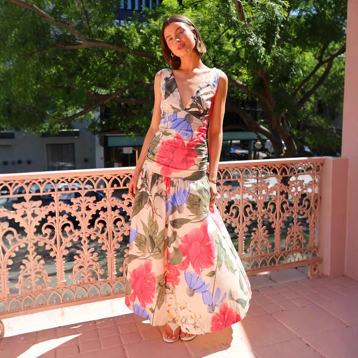 Women’s Maxi Dress - Deep V-Neck - Sleeveless - Fitted Waist - Floral Print