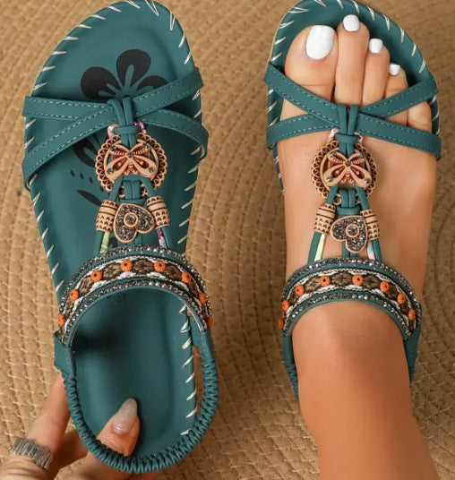 Women's Flat Sandals – Braided Strap – Rhinestone Embellished – Open Toe Casual Style