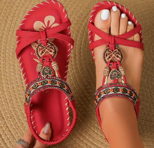 Women's Flat Sandals – Braided Strap – Rhinestone Embellished – Open Toe Casual Style