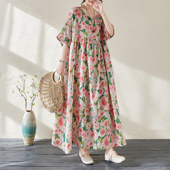 Women’s Maxi Dress - Loose Fit - Floral Pattern - Half Sleeve - Lightweight Cotton